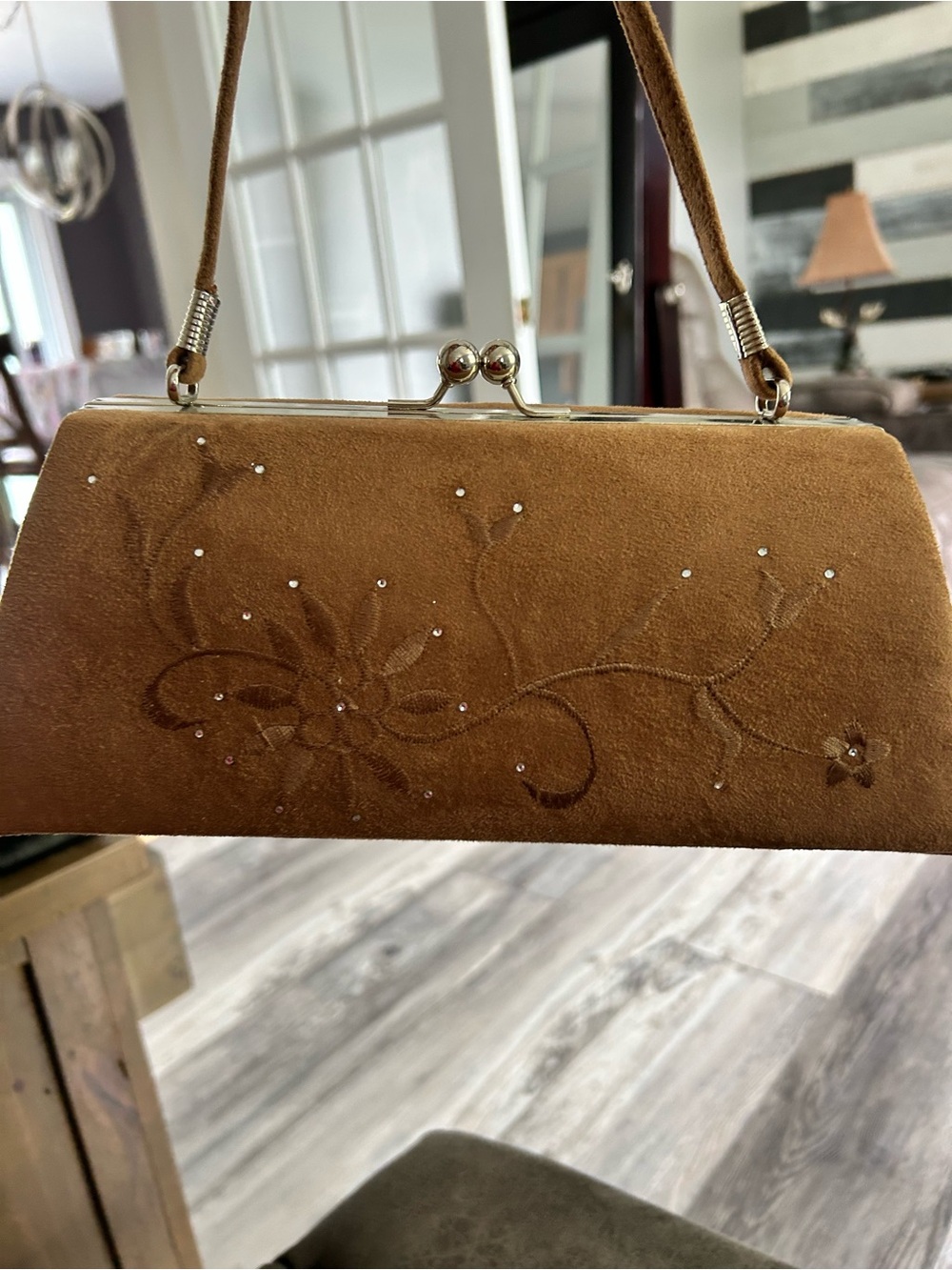 Brown Suede Floral Embossed Evening Bag
